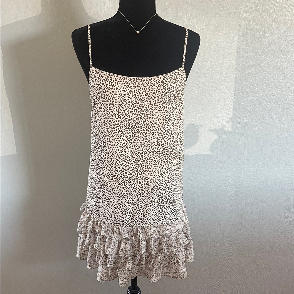 HYFVE Tiered Ruffle Mini Dress Small Leopard Print Spaghetti Strap Lined